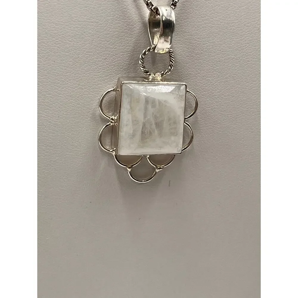 Sterling silver 925 Moonstone‎ Square Bezel Scroll Pendant Chain Necklace 16”